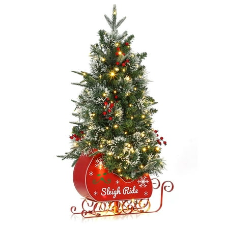 Goldensoil 3ft Pre-Lit Artificial Christmas Trees ,Sleigh Base & 78 Warm White Lights,1Pack