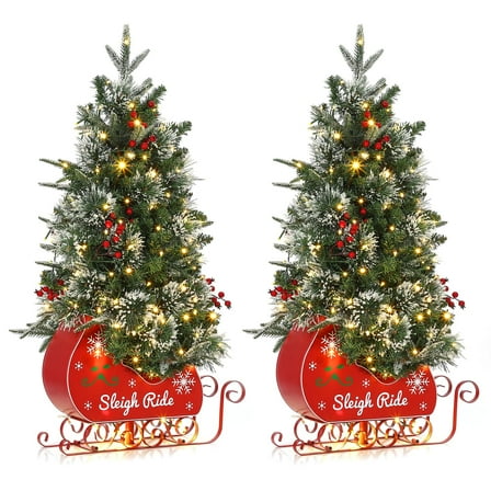 Goldensoil 3ft Pre-Lit Artificial Christmas Trees ,Sleigh Base & 78 Warm White Lights,2Pack