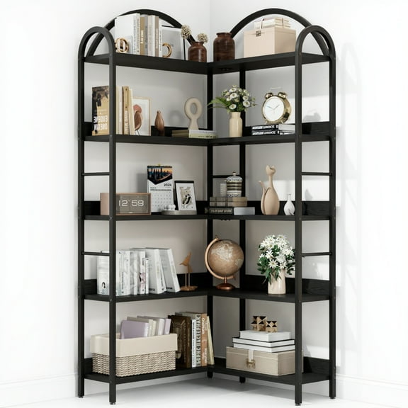 Goldensoil 5 Tier Corner Bookshelf, L Shaped Bookshelf with Metal Frame, 31.5 x 31.5 x 68.5", Black