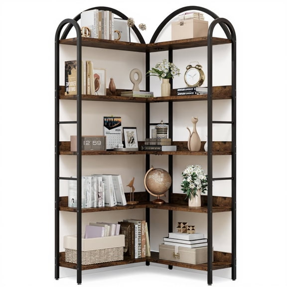 Goldensoil 5 Tier Corner Bookshelf, L Shaped Bookshelf with Metal Frame, 31.5 x 31.5 x 68.5", Brown