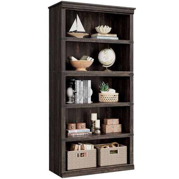 Goldensoil 67" Tall 5 Shelf Wood Bookcase, Farmhouse Floor Standing Display Storage Shelves,Dark Oak