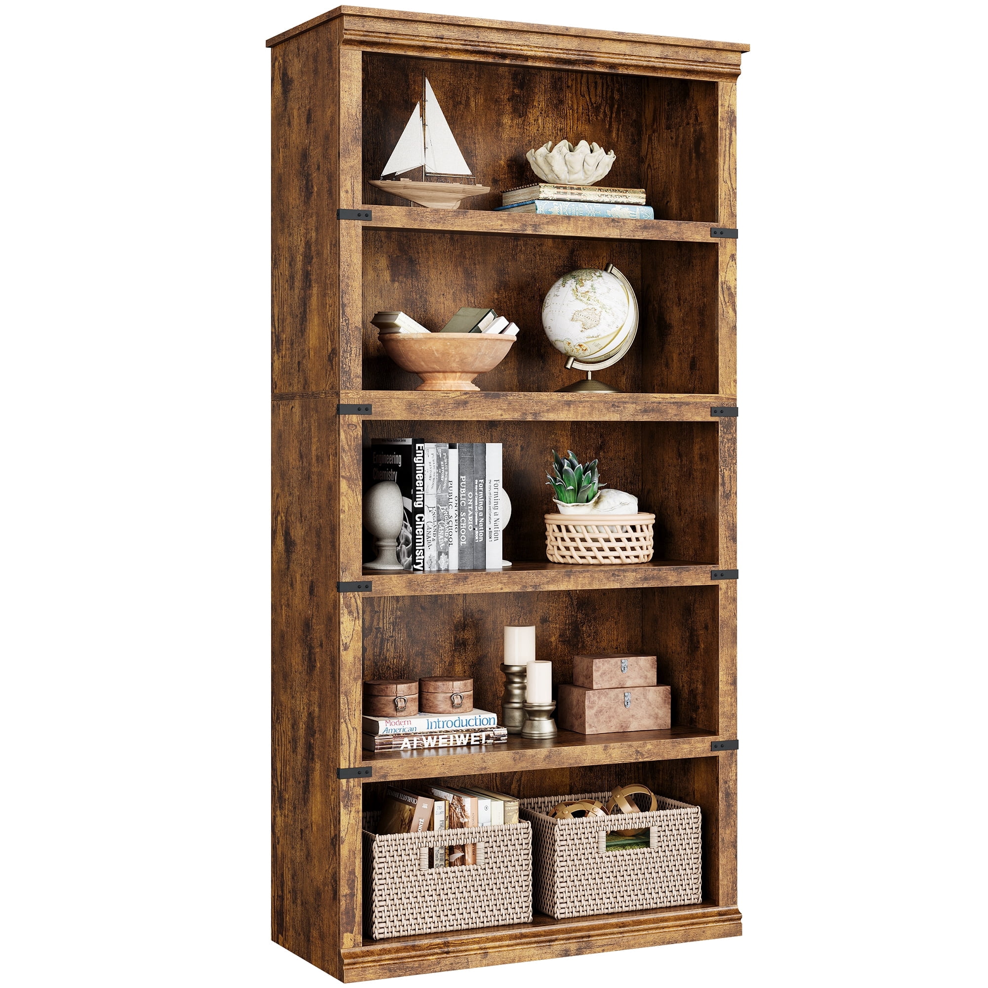 Goldensoil 67" Tall 5 Shelf Wood Bookcase,Farmhouse Floor Standing Display Storage Shelves,Retro