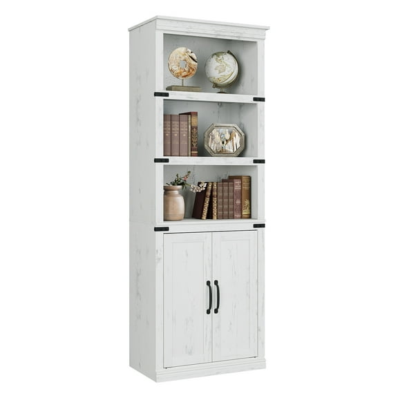Goldensoil Farmhouse Bookcase with Doors, 5 Tier Book Shelf with Cabinet, 12.9"x24.4"x68.7",White