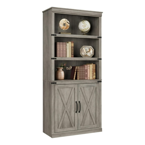 Goldensoil Farmhouse Bookcase with Doors, 5 Tier Book Shelf with Cabinet, 12.9"x31.5"x68.7", Grey