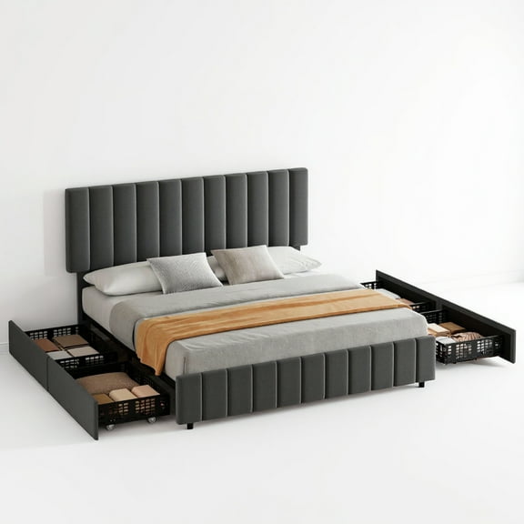 Garvee Full Size Metal Platform Bed Frame with 4 Storage Drawers and Headboard, linen Upholstered, Gray