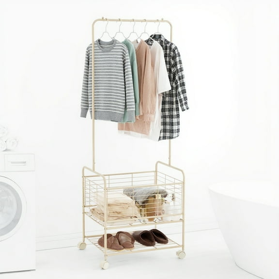 Goldensoil Laundry Hamper with Wheels & Shelf, 24.41 x 19.69 x 67.72", Beige, 1 Count