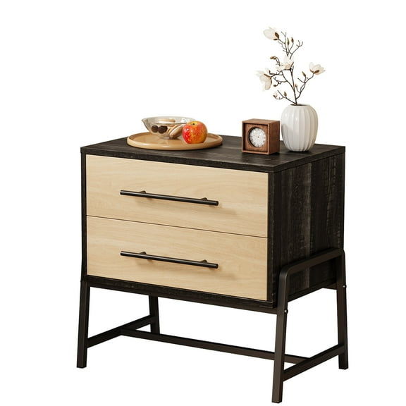 Goldensoil Nightstand with Drawers, Wood Bedside Table,Wide Side Table with Metal Legs, Dark Brown