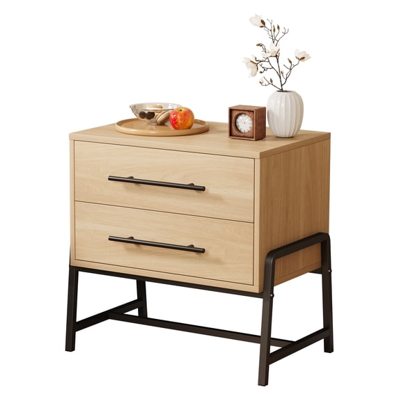 Goldensoil Nightstand with Drawers, Wood Bedside Table,Wide Side Table with Metal Legs, Wood Color