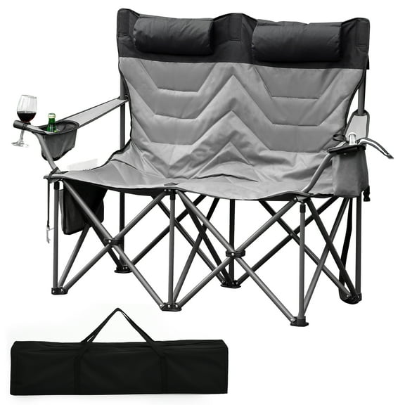 Goldensoil Portable Camping Chairs, Versatile Folding Love Seat with & Pillow for Outdoor, Grey