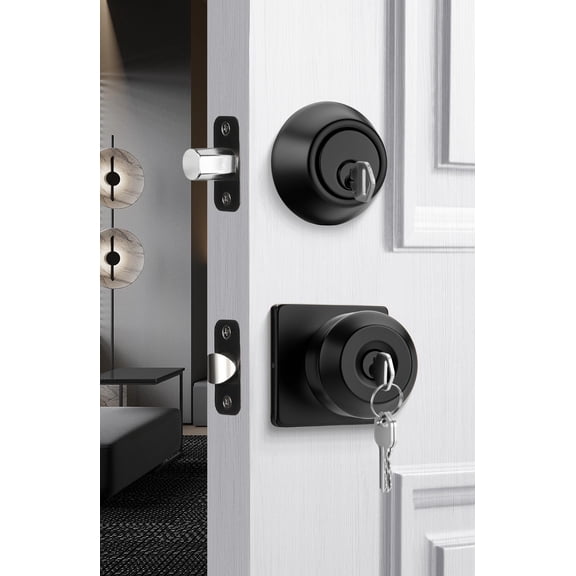 Goldenwarm Exterior Deadbolt and Keyed Entry Door Knob Set, Key Entry Front Black Door Knob with Lock and Key (1 Pack)