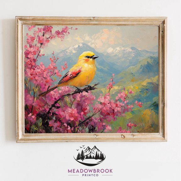 Goldfinch Artwork Magnolia Blossoms Spring Bird Printable Pastel Cottagecore Farmhouse Rustic Nature Decor 750 UNFRAMED Poster, Wall Art for Decor, Present, 8x12