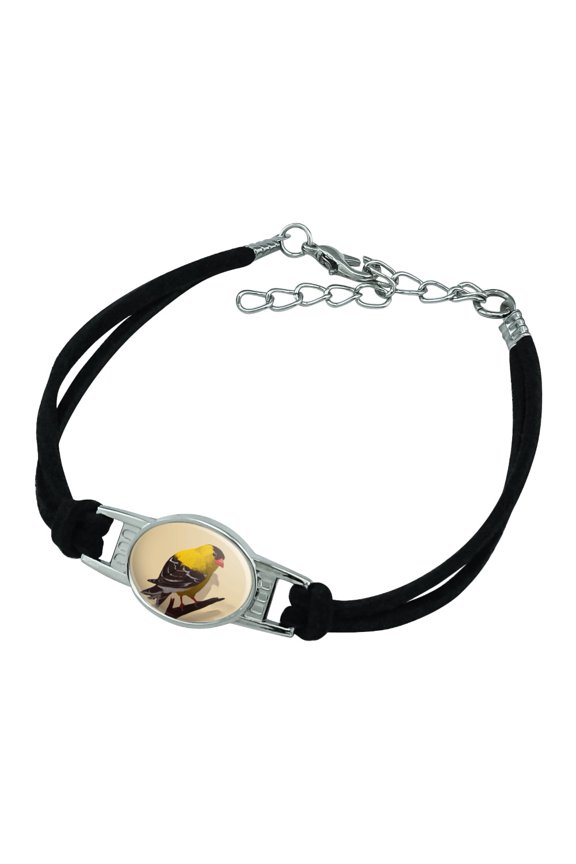 Goldfinch Bird on Tree Limb Novelty Suede Leather Metal Bracelet