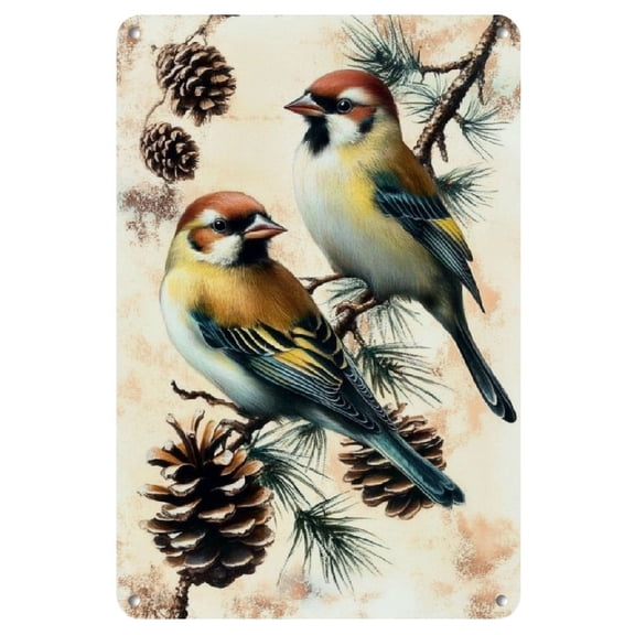 Goldfinch Couple with Conifer Antique Metal Wall Art - 1pc, Durable Iron-Tin Logo for Home And Garage Decor, Waterproof And Weather Resistant, Pre-Drilled for Easy Hanging