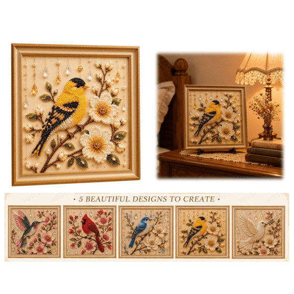 Goldfinch Pearl Art DIY Kit, 3D Textured Pearl Art Painting Kit, Bird And Flower Design DIY Beaded Craft, Perfect For Home Wall Decor And Handmade Hobby Pastime