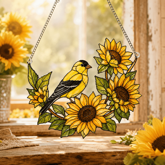Goldfinch Sunflower Acrylic Suncatcher Window Hanging for Bird and Flower Lovers