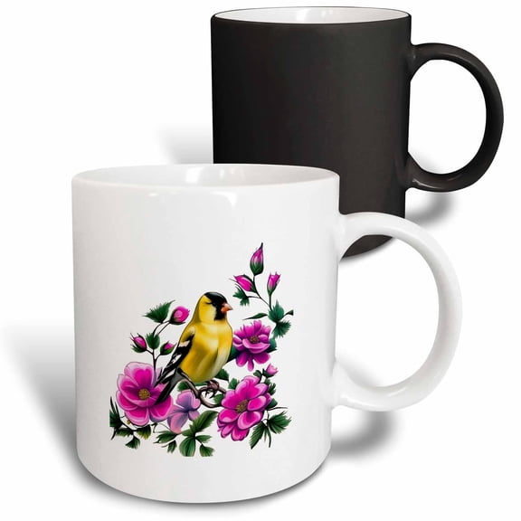 3drose, Goldfinch Surrounded by Pink Wild Roses Iowa State Tattoo Art, 11oz Magic Transforming Mug