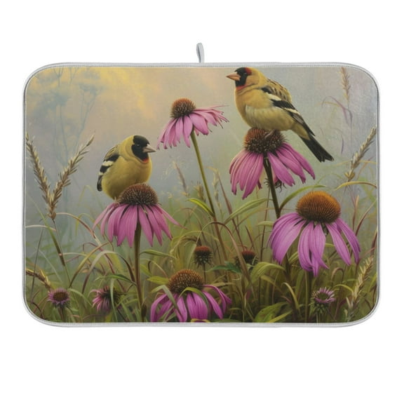 Goldfinches Bird Perched on Flowers Dish Drying Mat 16x18 Absorbent Microfiber Draining Rack Pad for Kitchen Counter Sink