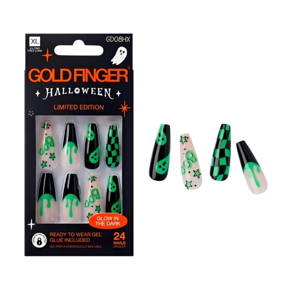Goldfinger Limited Edition Halloween Instant Gel Nail 24 Set - Ghosted, Slime and Ghost, Black Green Glow in the Dark Press On Nails Spooky Designs