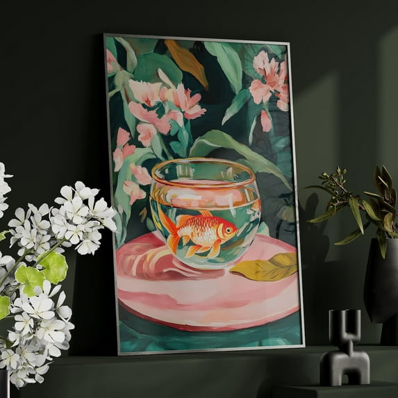 Goldfish Bowl Floral Wall Art, Impressionist Still Life Decor, Unframed Canvas Size 12x18