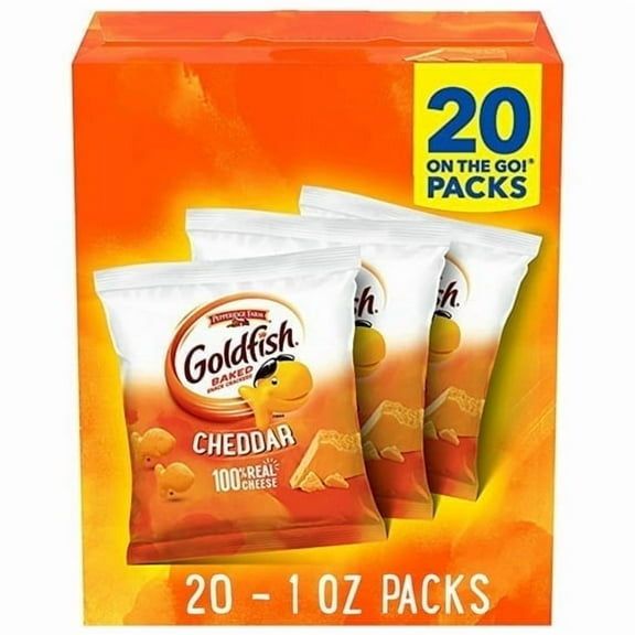 Goldfish Cheddar Cheese Crackers, Baked Snack Crackers, 1 oz on-The-Go Snack Packs, 20 Count Box (4 Box Pack)