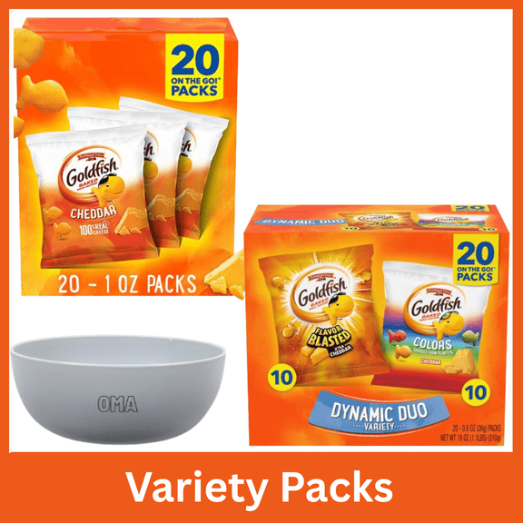 Goldfish Cheddar Cheese Snack Packs 20 Count 1 oz On The Go Box & Goldfish Dynamic Duo Colors Crackers Xtra Cheddar Snack Packs 20 Count 0.9 oz Variety Pack Bundle with Free Bowl by OMA