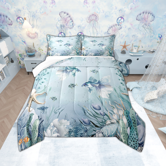 Goldfish Comforter Set Teal Blue Ocean Beach Coastal King Bedding Comforter Sets,Starfish Octopus Tentacles Quilt Underwater Creature Coral Duvet Insert,Kawaii Fish Room Decor