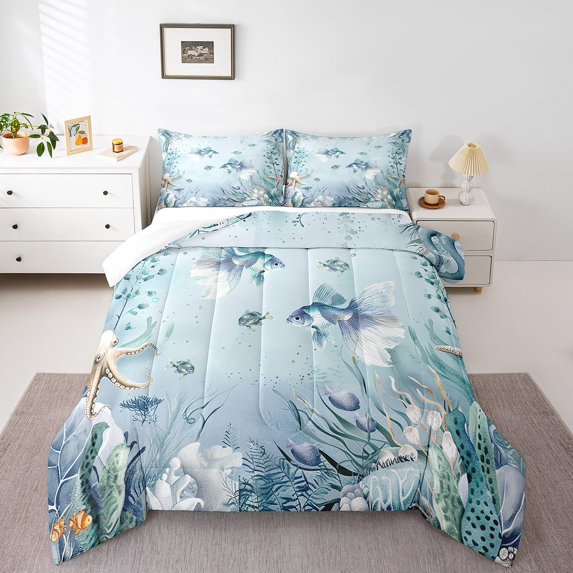 Goldfish Comforter Set Teal Blue Ocean Beach Coastal Queen Bedding Comforter Sets ,Starfish Octopus Tentacles Quilt Underwater Creature Coral Duvet Insert