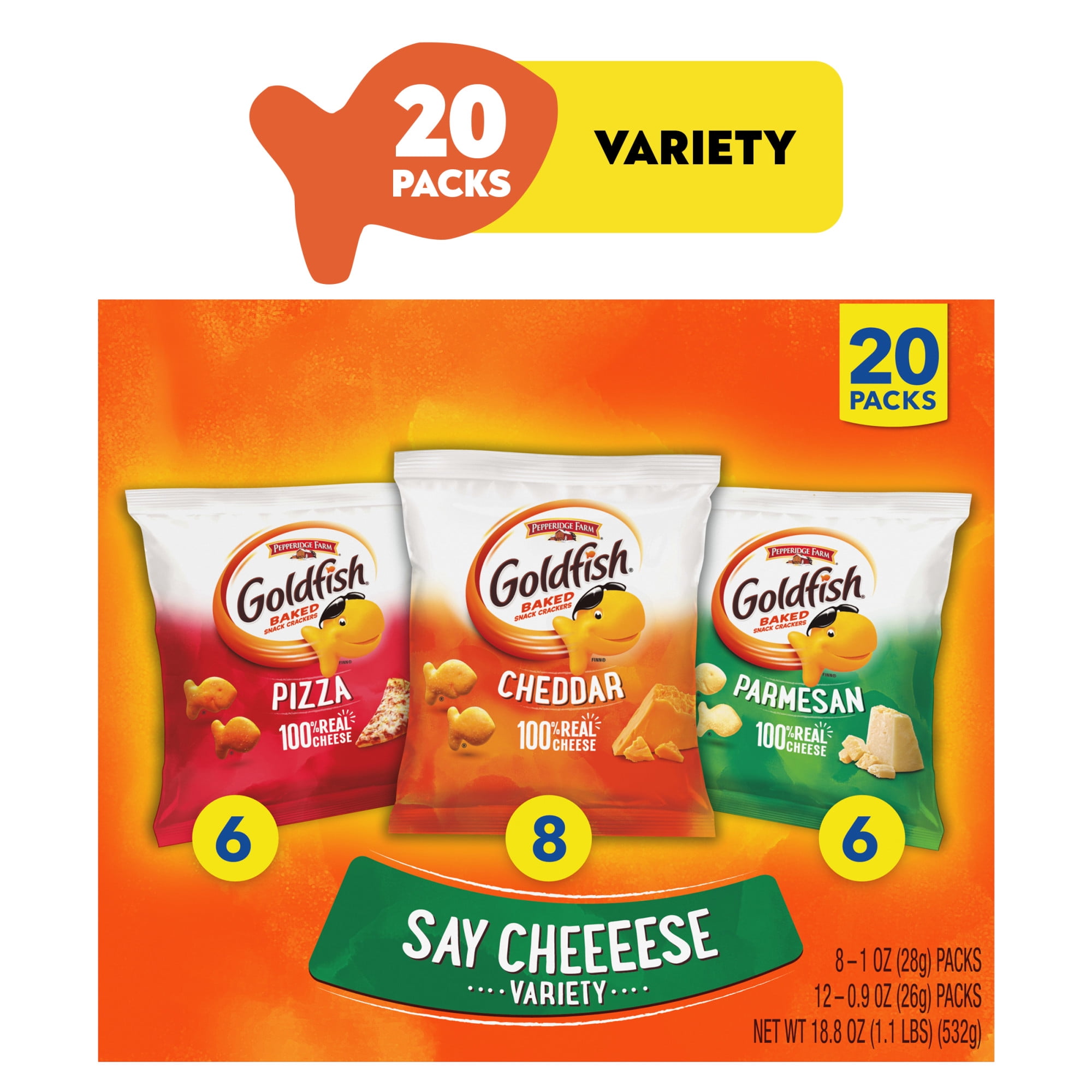 Goldfish Crackers Say Cheeeese Variety Pack with Cheddar, Pizza and Parmesan, Snack Packs, 20 Count deal from Walmart