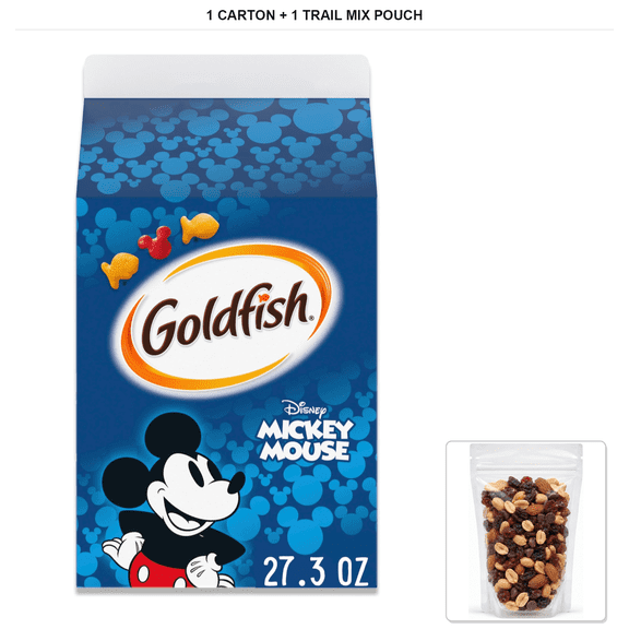 Goldfish Disney Mickey Mouse Cheddar Crackers, 1 Carton, 27.3 oz with 1 Bybies Trail Mix Pouch, 2 oz