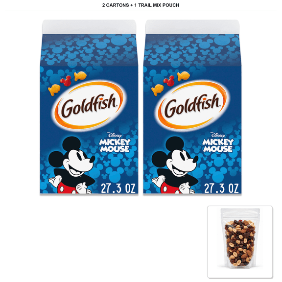 Goldfish Disney Mickey Mouse Cheddar Crackers, 2 Cartons, 27.3 oz with 1 Bybies Trail Mix Pouch, 2 oz
