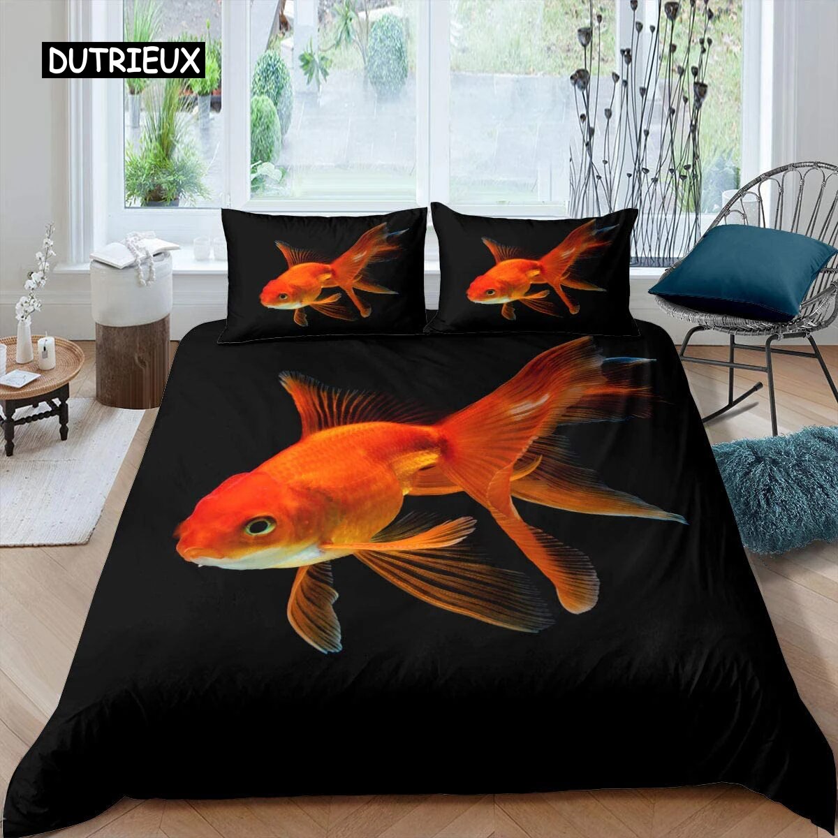 Goldfish Duvet Cover Set Ocean Life Comforter Cover Wave Splash Bedding Set Polyester Abstract