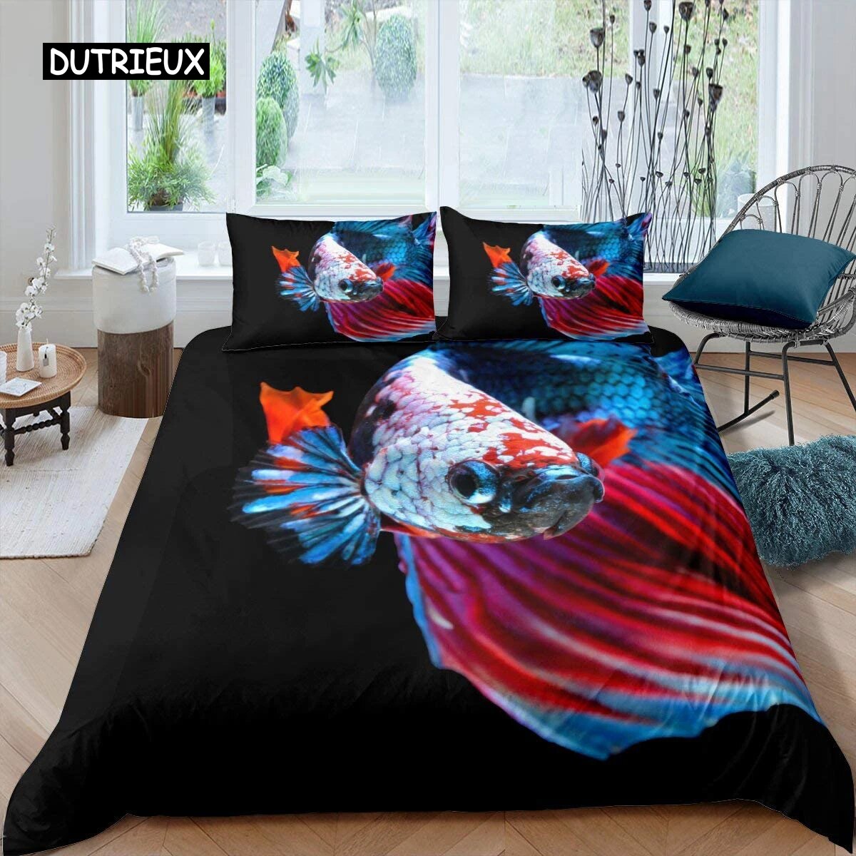 Goldfish Duvet Cover Set Ocean Life Comforter Cover Wave Splash Bedding Set Polyester Abstract