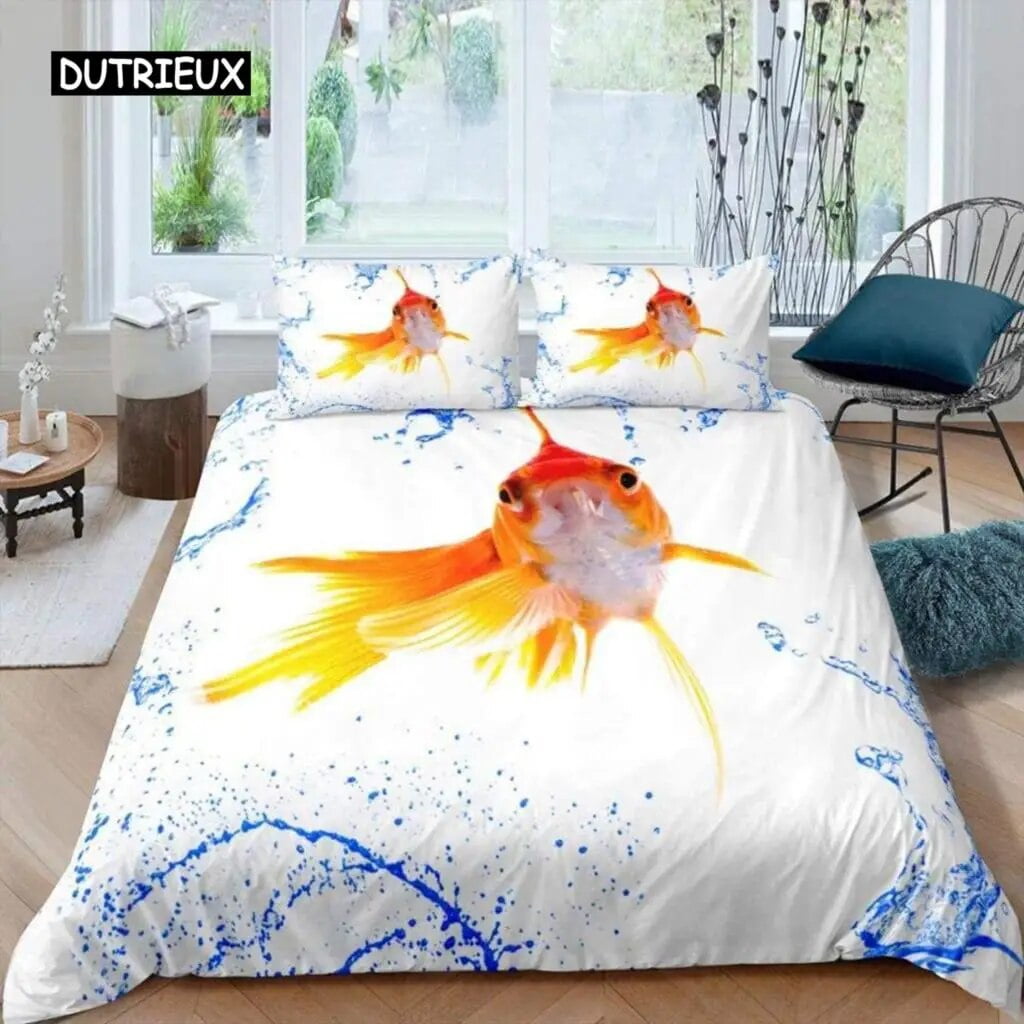 Goldfish Duvet Cover Set Ocean Life Comforter Cover Wave Splash Bedding Set Polyester Abstract
