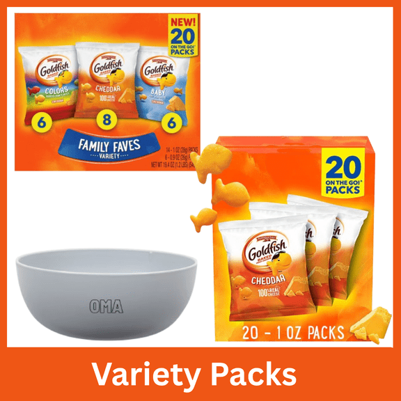 Goldfish Family Faves Cheddar Colors Baby Crackers 20 Count 0.9 oz & Goldfish Cheddar Cheese Snack Packs 20 Count 1 oz with Free Bowl by OMA