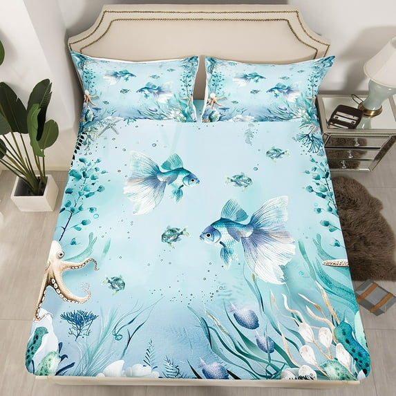 Goldfish Fitted Sheet Teal Blue Ocean Beach Coastal Bed Sheets Full,Starfish Octopus Tentacles Sheets Underwater Creature Coral Bedding Set,Kawaii Fish Room Decor(No Top Sheet)