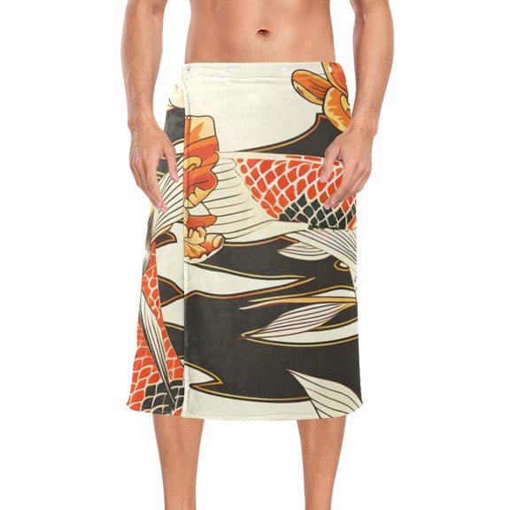 Goldfish Flowers Bath Towel Wrap for Man Adjustable Shower Wrap Button Closure Body Towel for Sauna Gym