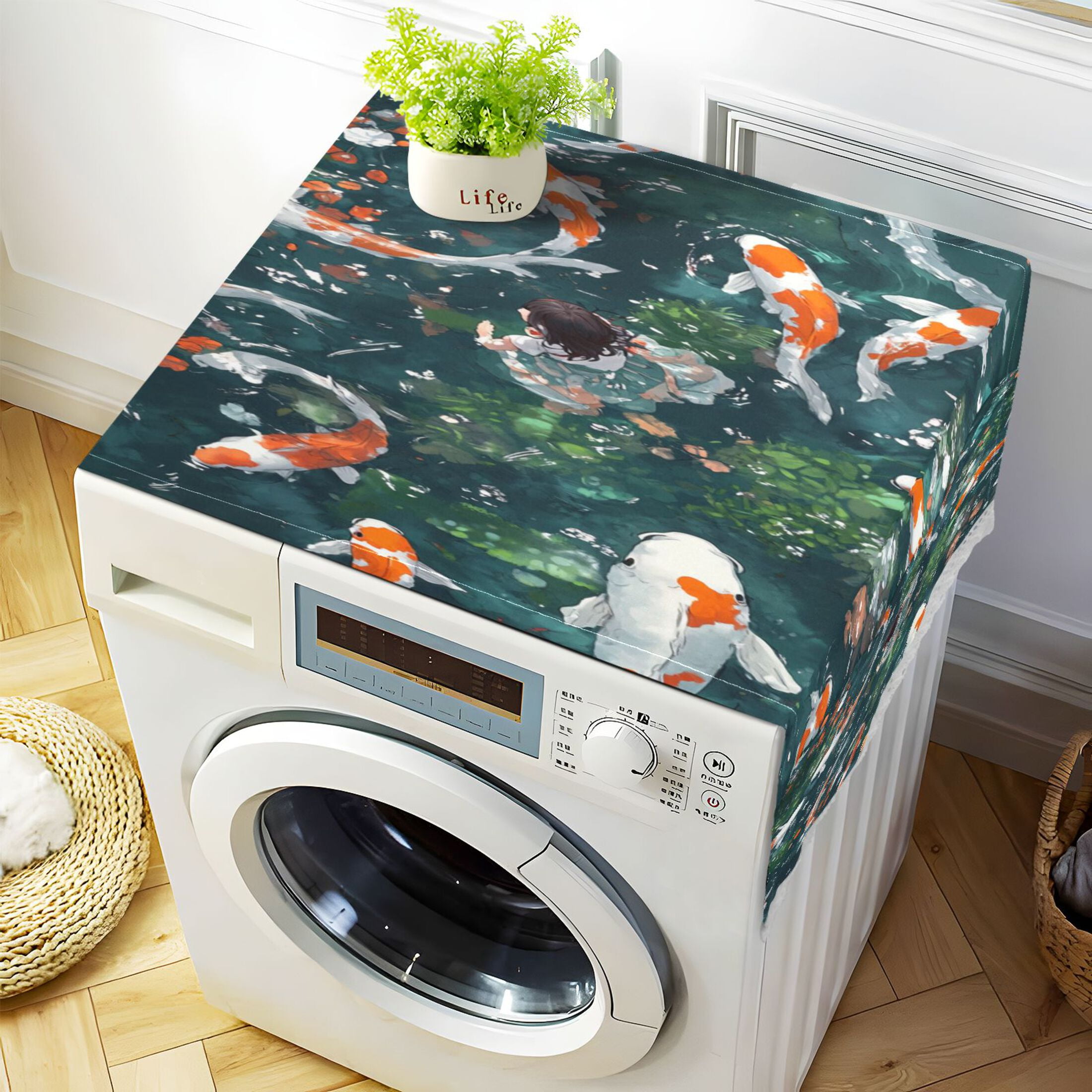 Goldfish GirlWasher and Dryer Covers Dust-Proof and Oil Resistant Fridge Cover with 4 Storage Pockets Washing Machine Top Cover for Laundry Kitchen Home 51.2 x 22 In