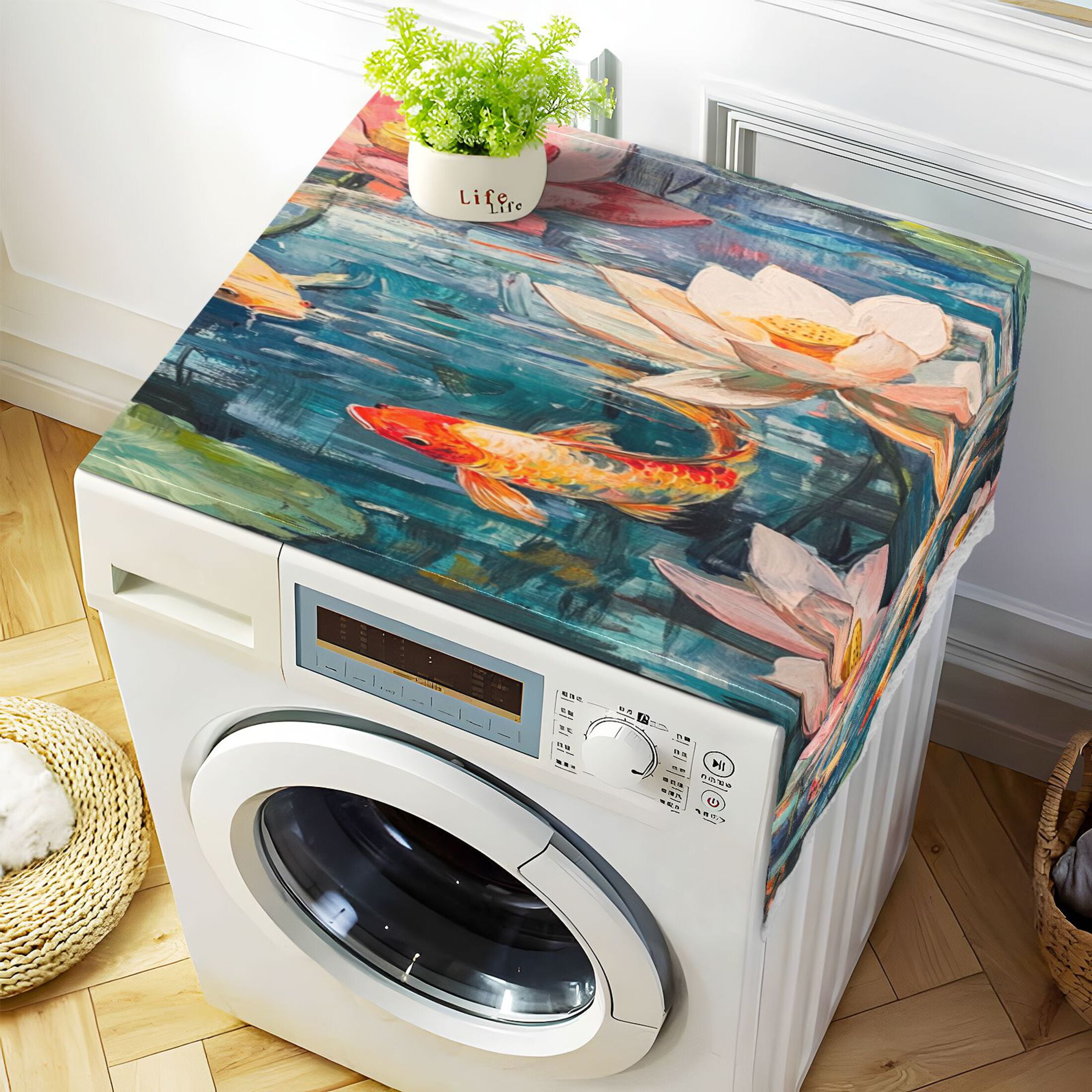 Goldfish in The Lotus PondWasher and Dryer Covers Dust-Proof and Oil Resistant Fridge Cover with 4 Storage Pockets Washing Machine Top Cover for Laundry Kitchen Home 51.2 x 22 In