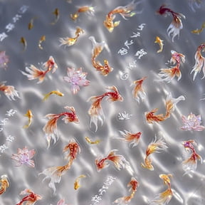 Goldfish Nail Art Stickers Sparkly Koi Fish Nail Stickers 5D Embossed Koi Lotus Leaf Chinese Style Manicure Decals Accessories Shell Light Goldfish Adhesive Slider for Women DIY Nail Art Decorations