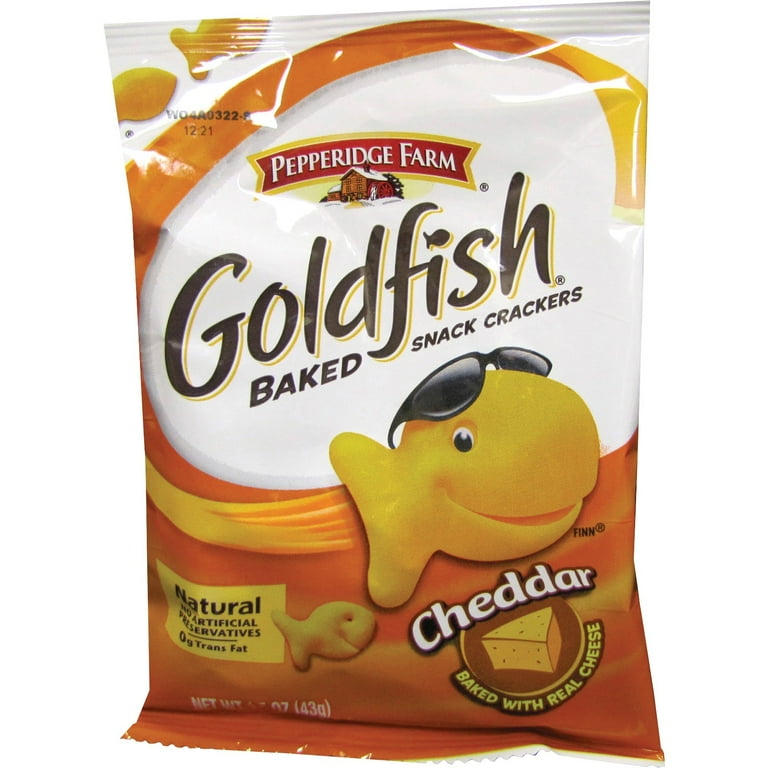 Goldfish Pepperidge Farm Goldfish Shaped Crackers - Trans Fat Free - Cheddar - 1 Serving Bag - 1.50 oz - 72 / Carton Goldfish Pepperidge Farm Goldfish Shaped Crackers - Trans Fat Free - Cheddar - 1 Serving Bag - 1.50 oz - 72 / Carton