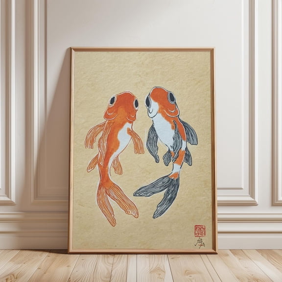 Goldfish Poster, Traditional Japanese Style Illustration in Orange andlack, vintage poster, interior print, statement art, Stylish Wall Decoration for Minimalist Apartment Living Room, Unframed 8x10