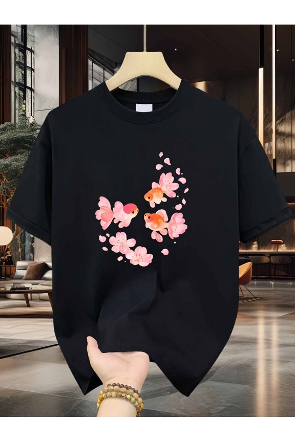 Goldfish and Sakura Men'S T-Shirt | Elegant Koi Fish Blossom Print Pattern, Pure, Premium Print, Durable, Casual Fashion, Crew Neck, Medium Stretch Fabric, Perfect for Spring/Summer
