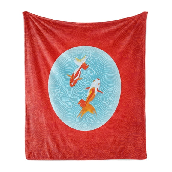 Goldfish Soft Flannel Fleece Throw Blanket, Pair of Goldfishes over Inverted Japanese Flag in Waves Print, Cozy Plush for Indoor and Outdoor Use, 60" x 80", Vermilion Pale Blue, by Ambesonne