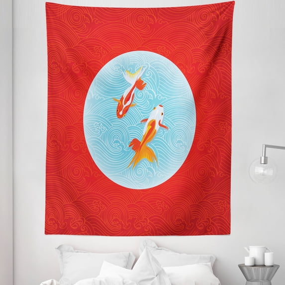 Goldfish Tapestry, Pair of Goldfishes over Inverted Japanese Flag in Waves Print, Fabric Wall Hanging Decor for Bedroom Living Room Dorm, 5 Sizes, Vermilion Pale Blue, by Ambesonne