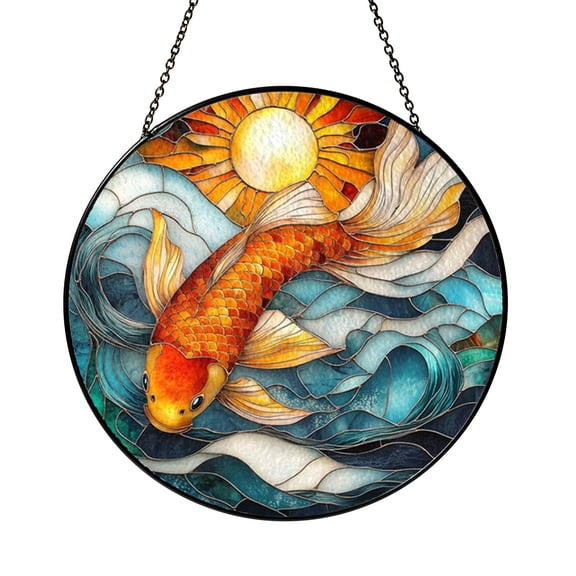 Goldfish and Sun Stained Glass Panel – Aquatic Window Decor