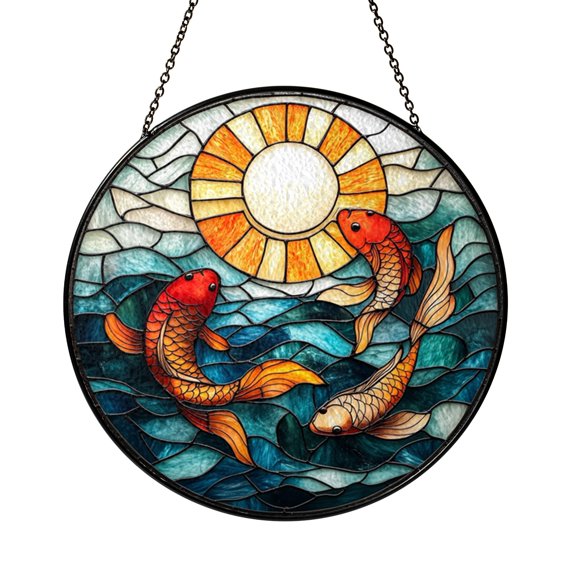 Goldfish and Sun Stained Glass Window Panel, Bright Aquatic Nature Art Decor for Cheerful Home Interiors