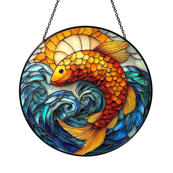 Goldfish and sun stained glass panel, vibrant aquatic themed window art for lively home decor