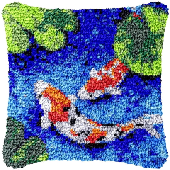 Goldfishes Latch Hook Kits Pillow Cover DIY Rug Making Crochet Hook Cushion Making Kits with Preprinted Pattern Canvas DIY Needlework Crochet Kits Sofa Decor 43x43cm