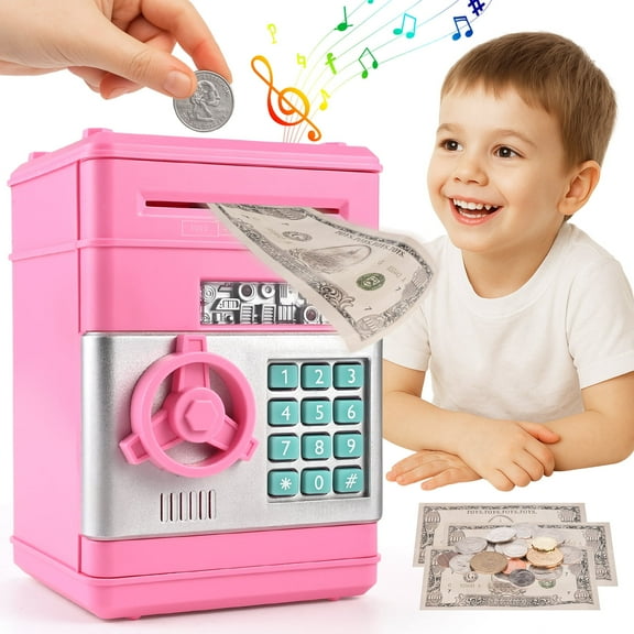Faburo Piggy Bank for Kids, Cash Coin Can Toys for Girls 3-6 Year Old, ATM Toy Savings Bank Machine Electronic Money Bank,Pink
