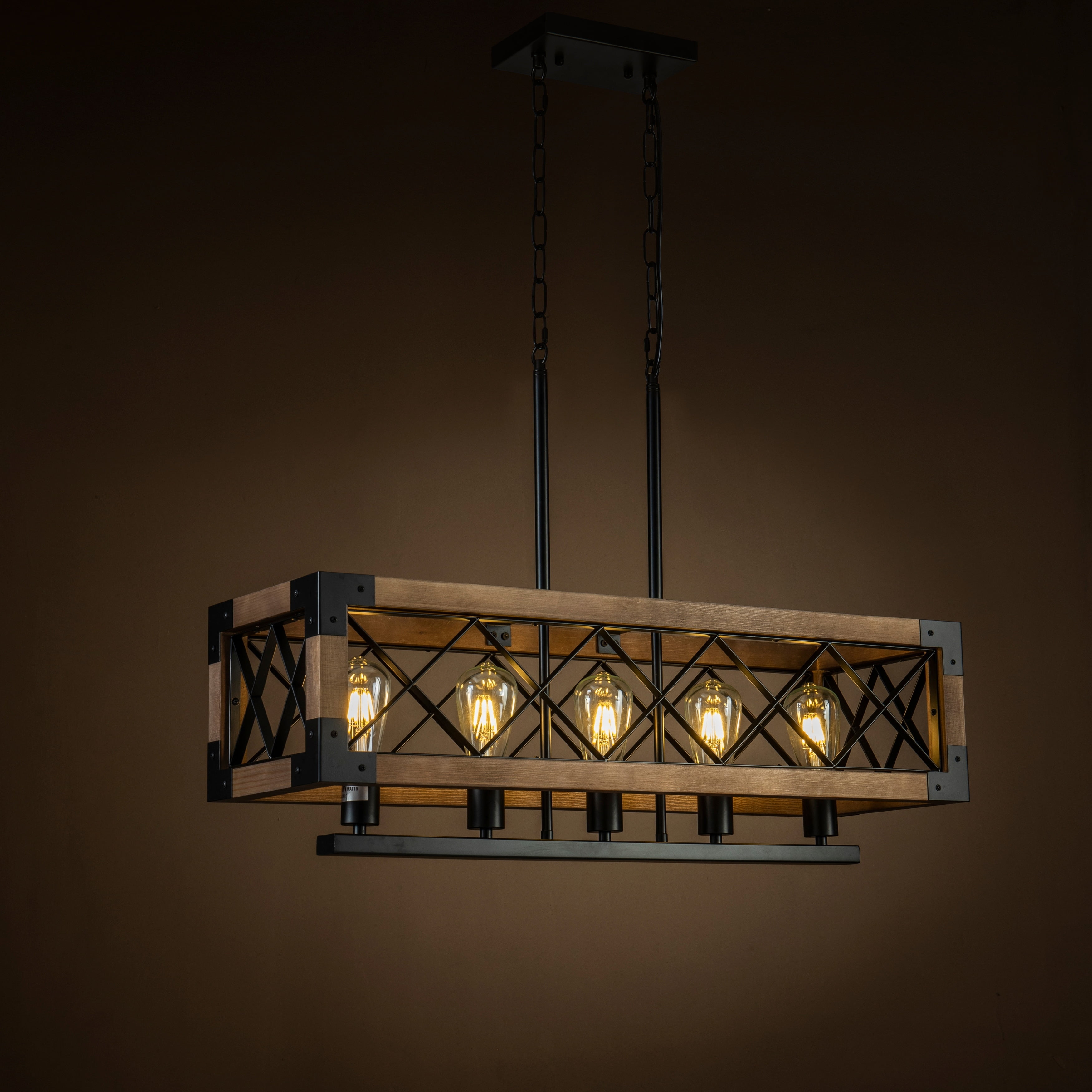 Matte Black and Wood 5-Light Farmhouse Kitchen Island Chandelier